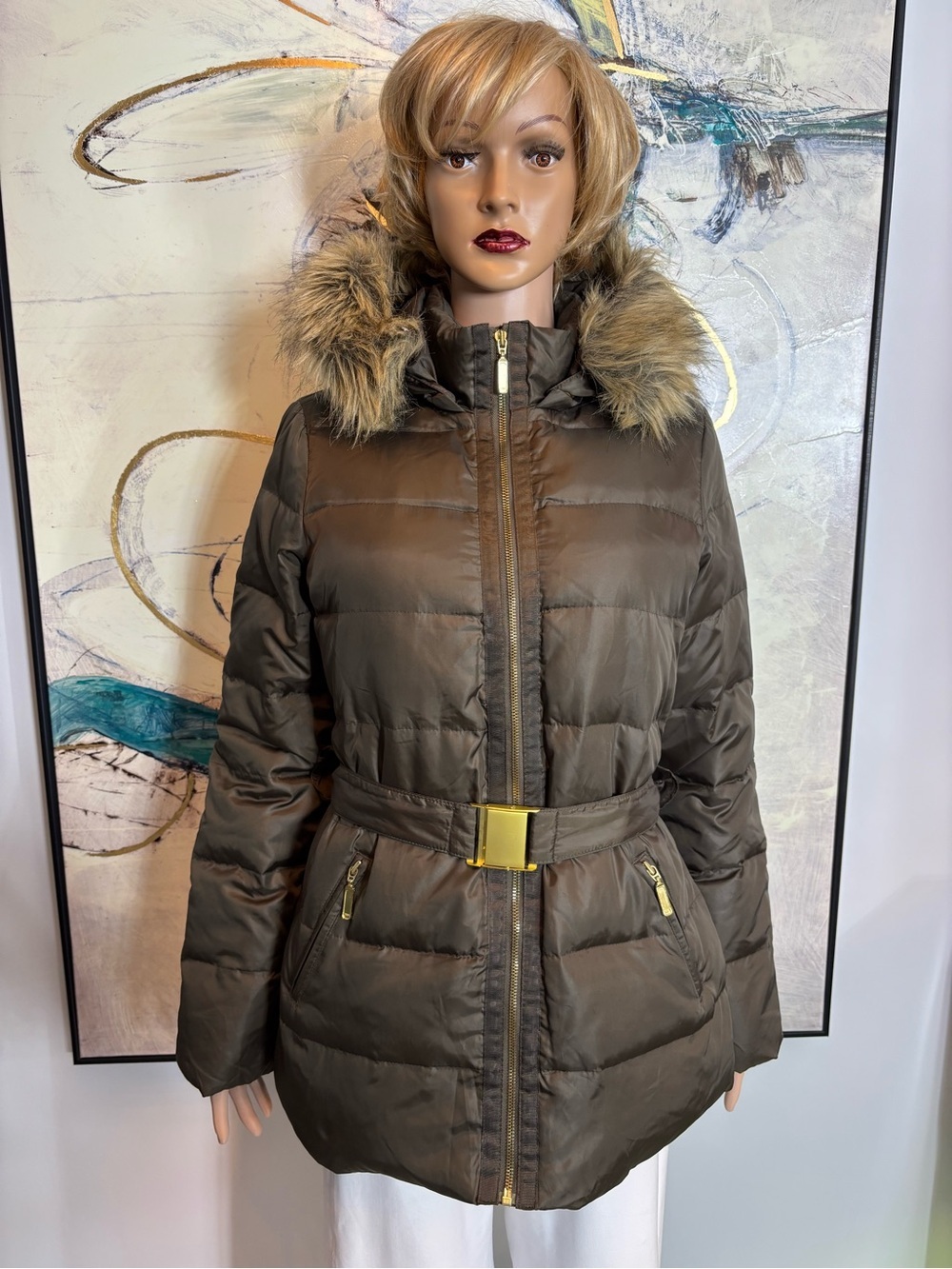 Joe Fresh Brown Quilted Hooded Puffer Jacket with Belt - Picture 2 of 16